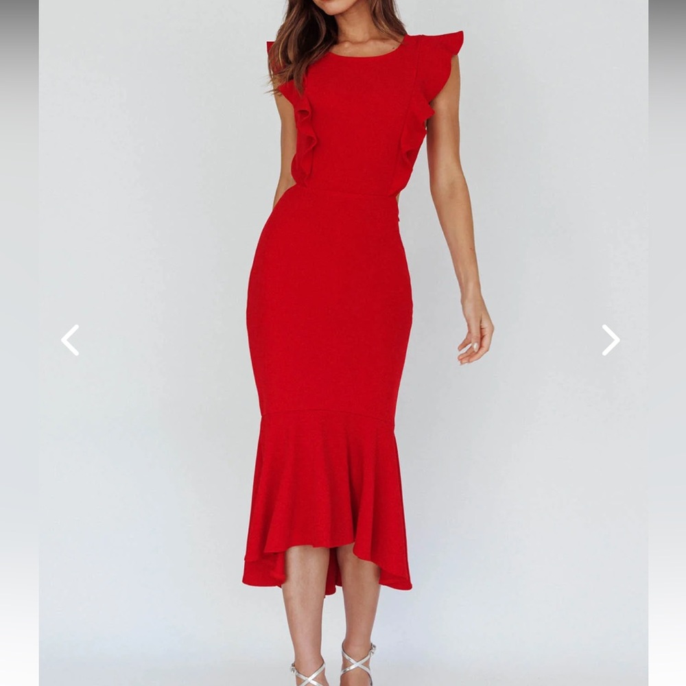 Selfie Leslie Red Midi Ruffled Bodycon Dress